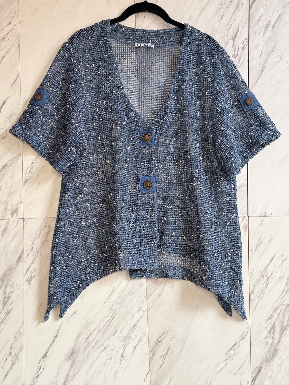 Vintage Blair Open Knit Coastal Blue White V-Neck Button Front Cardigan SZ Large - Picture 3 of 6